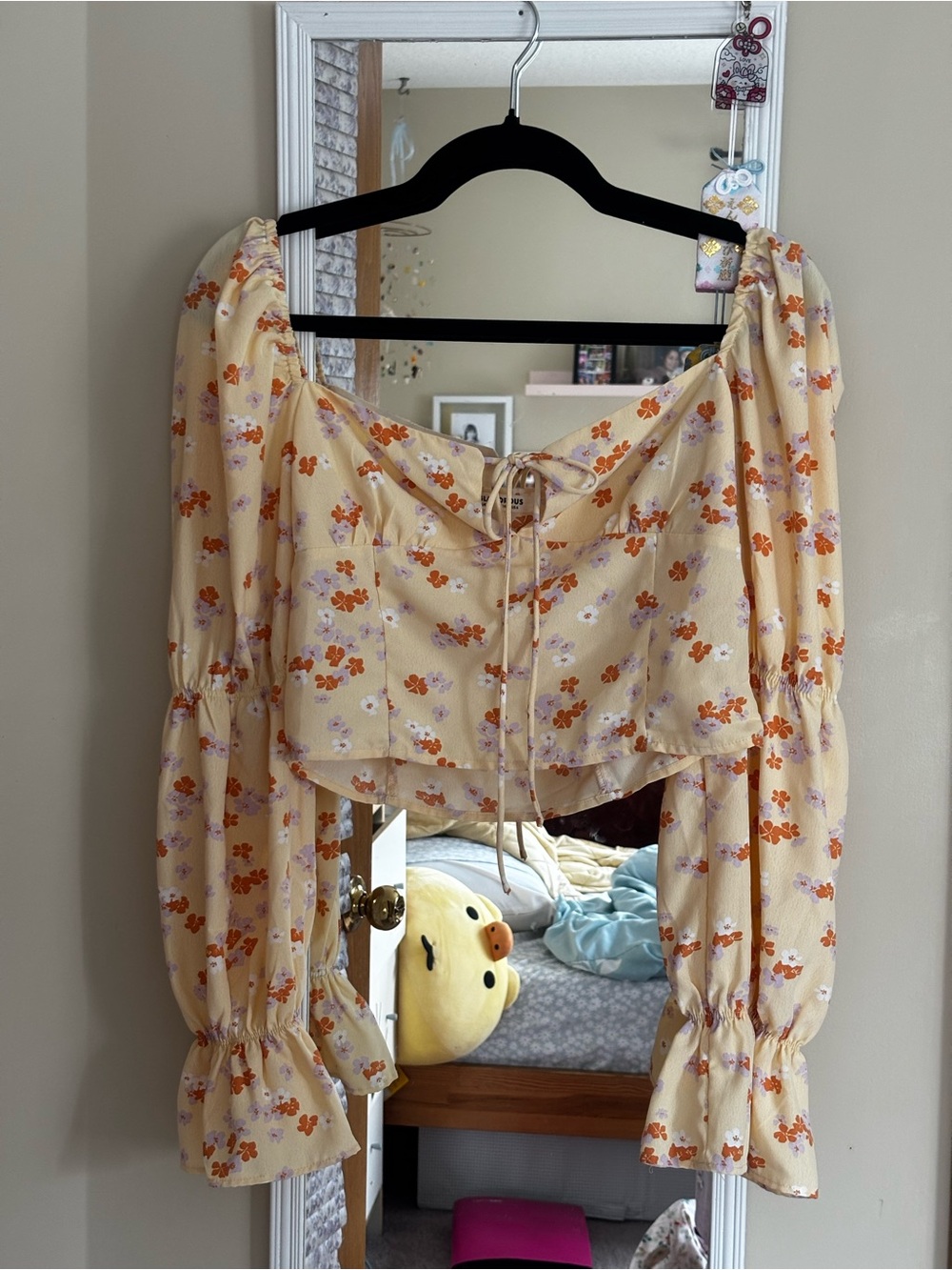 Floral Tie-Front Puff Sleeve Crop Top - Yellow